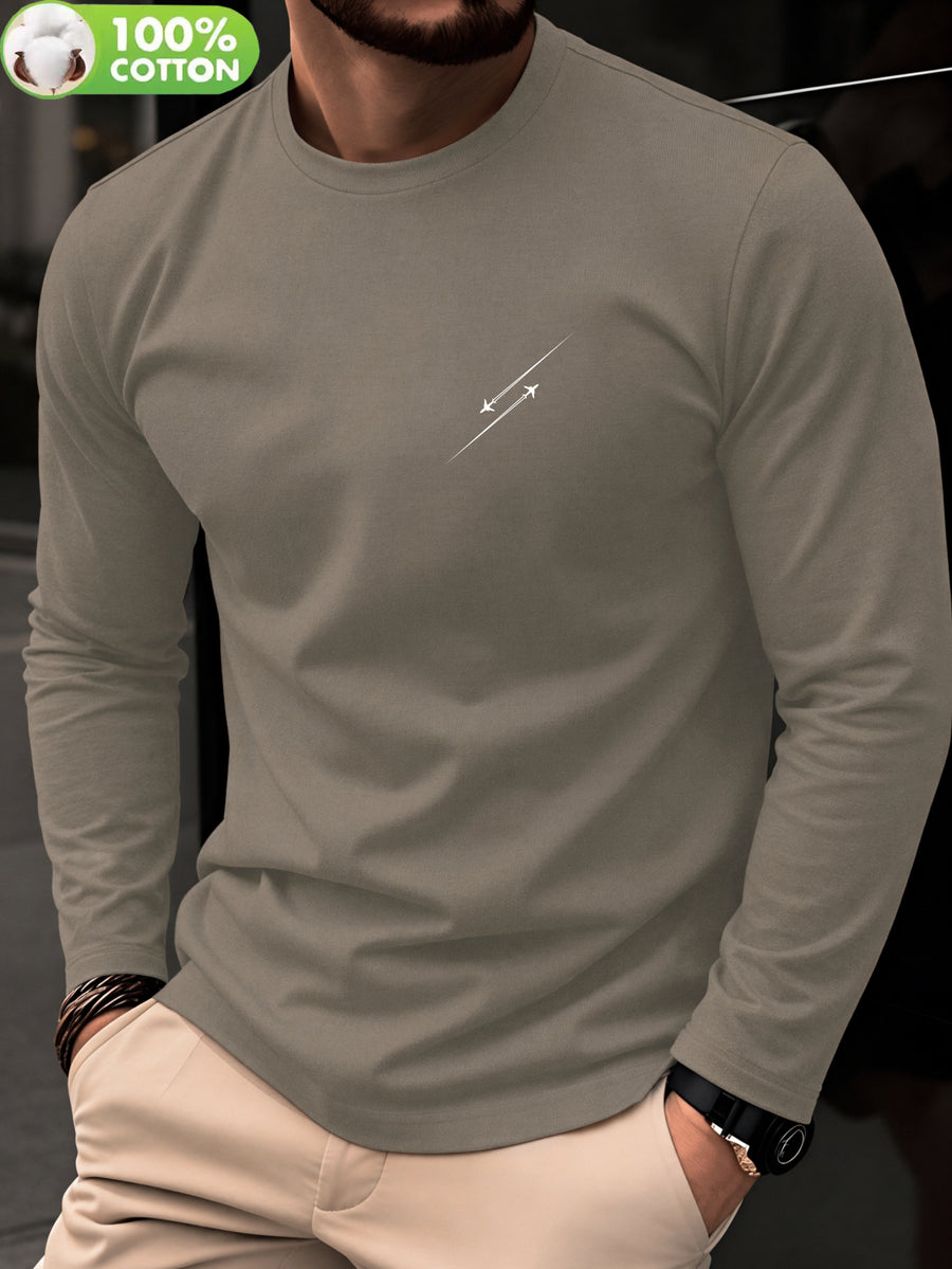 100% Cotton Men's T-Shirt, Spring/Autumn Long Sleeve, Standard Fit, Daily Casual Versatile Top, Fashionable, Elegant, , and Fun Print - Khaki