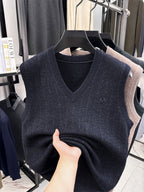 Autumn/Winter Knitted Solid Color V-Neck Sweater, Basic Knit Pullover, Men's Fashion Knit Sleeveless Vest, All Sizes S - Blue