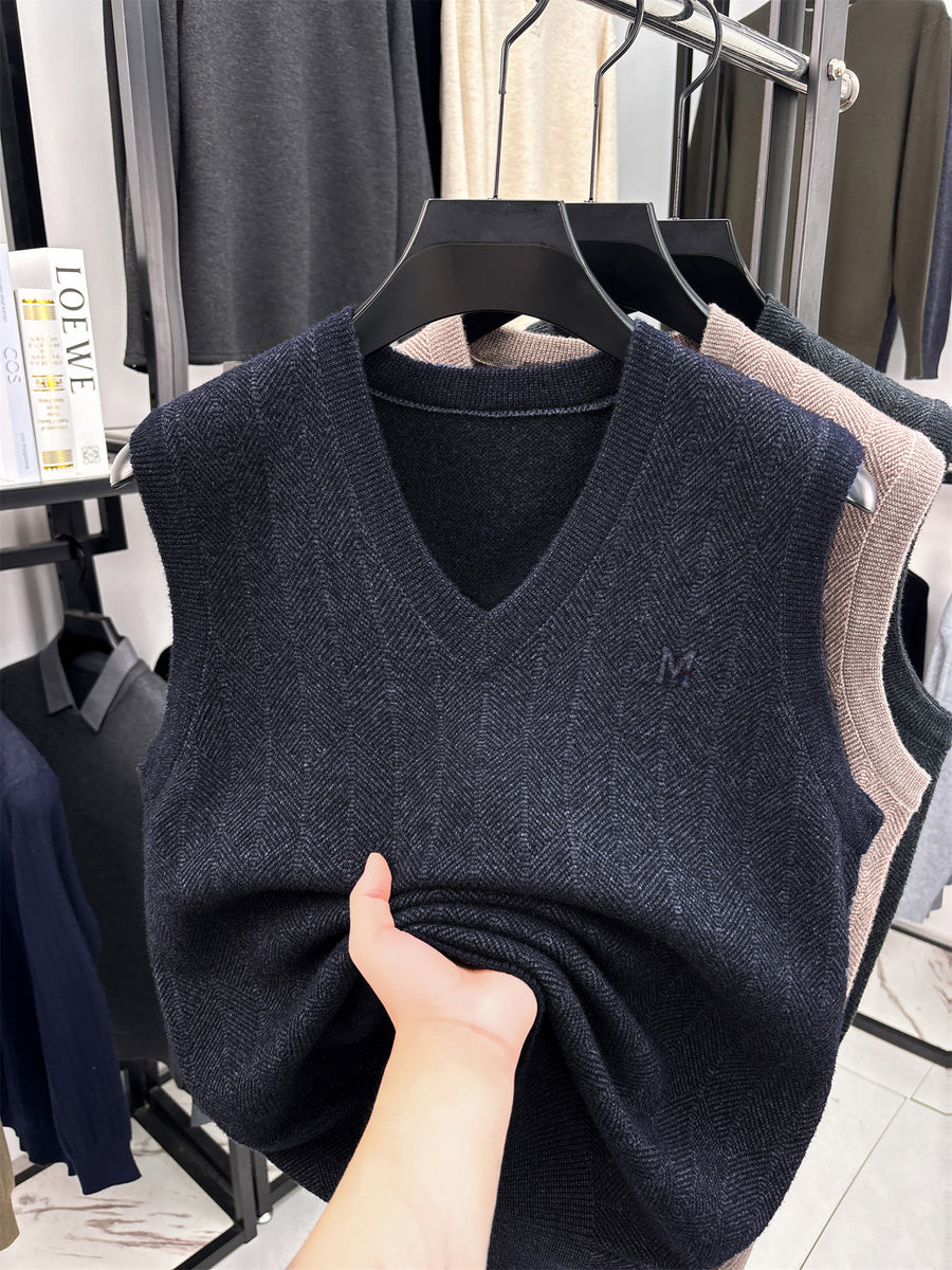 Autumn/Winter Knitted Solid Color V-Neck Sweater, Basic Knit Pullover, Men's Fashion Knit Sleeveless Vest, All Sizes S - Blue