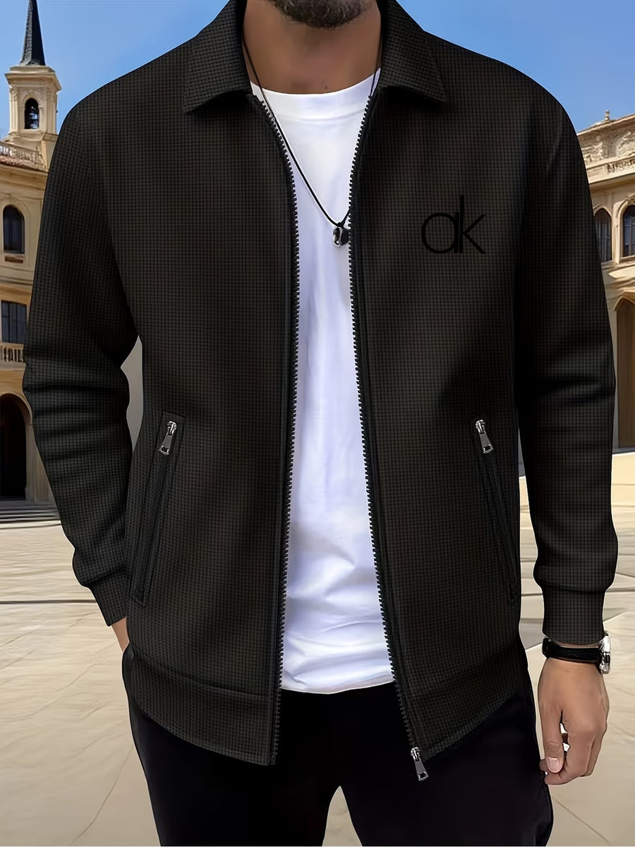Men'S Waffle Texture Lapel Jacket - Minimalist Letter Print - Premium Texture And Layered Feel - Soft, Breathable, Comfortable, Versatile - Functional Pockets for Storage - Ideal for Business Commute, Casual Wear, And Travel - Black