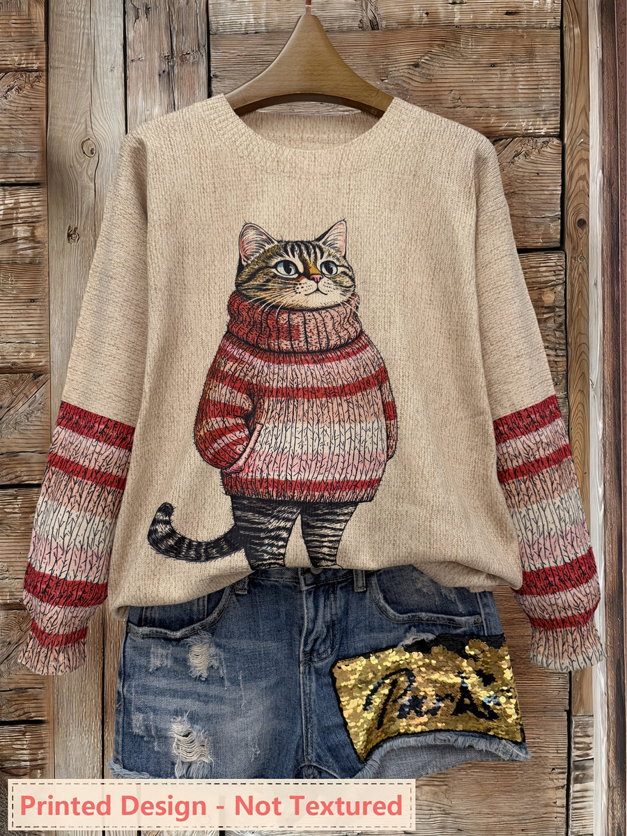 Plus Size - Plus Size - Plus Size Women'S for All Over Printed Long Sleeve Universal Crew Neck Lightweight Sweater, Trendy Wear, Cat Pattern, Perfect for Casual Elegance Style Outfits - Suitable for All Seasons - Red