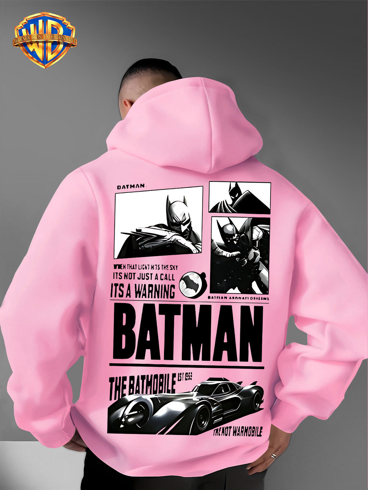 Warner Bros. Authorized American Dark Superhero Retro Batman Comic Poster Print Hooded Sweatshirt, with Adjustable Drawstring, Comfortable And Warm, Fashionable And Versatile Men'S Casual Sweatshirt, Suitable for Autumn And Winter Wear - Pink Color