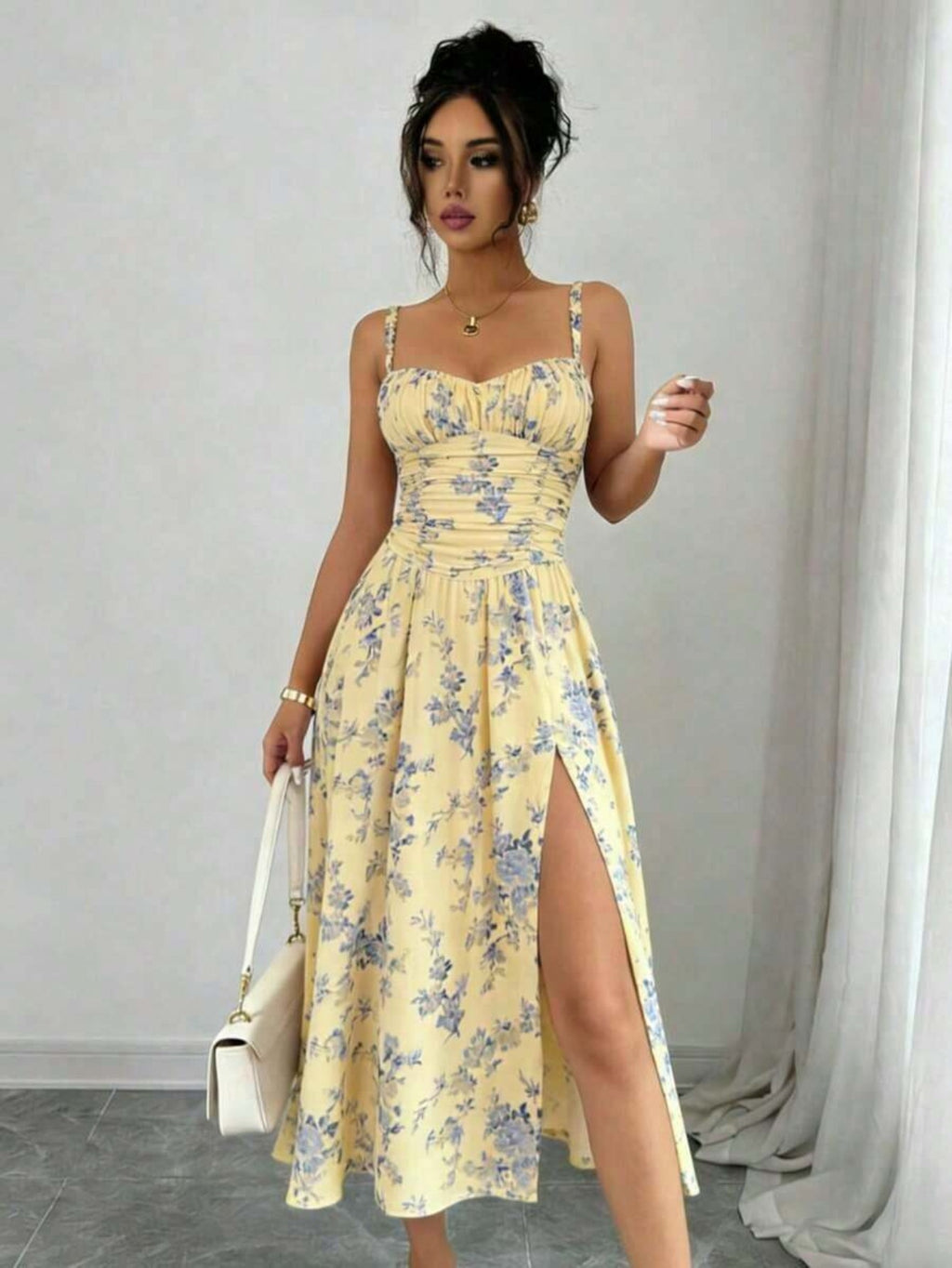 Bohemian-style Printed High-slit Zipper Dress, Elegant and Charming, Suitable for Weddings, Spring/summer Vacations, and Other Occasions - 【Light Yellow】