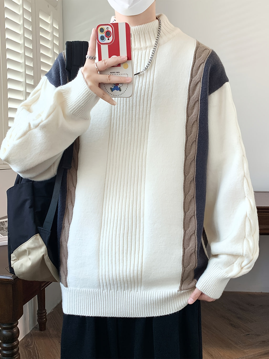 Young Men'S Semi High Neck Multi-Color Spliced Knit Sweater, Autumn And Winter New Warm Sweater, Fashionable And Casual Versatile - White