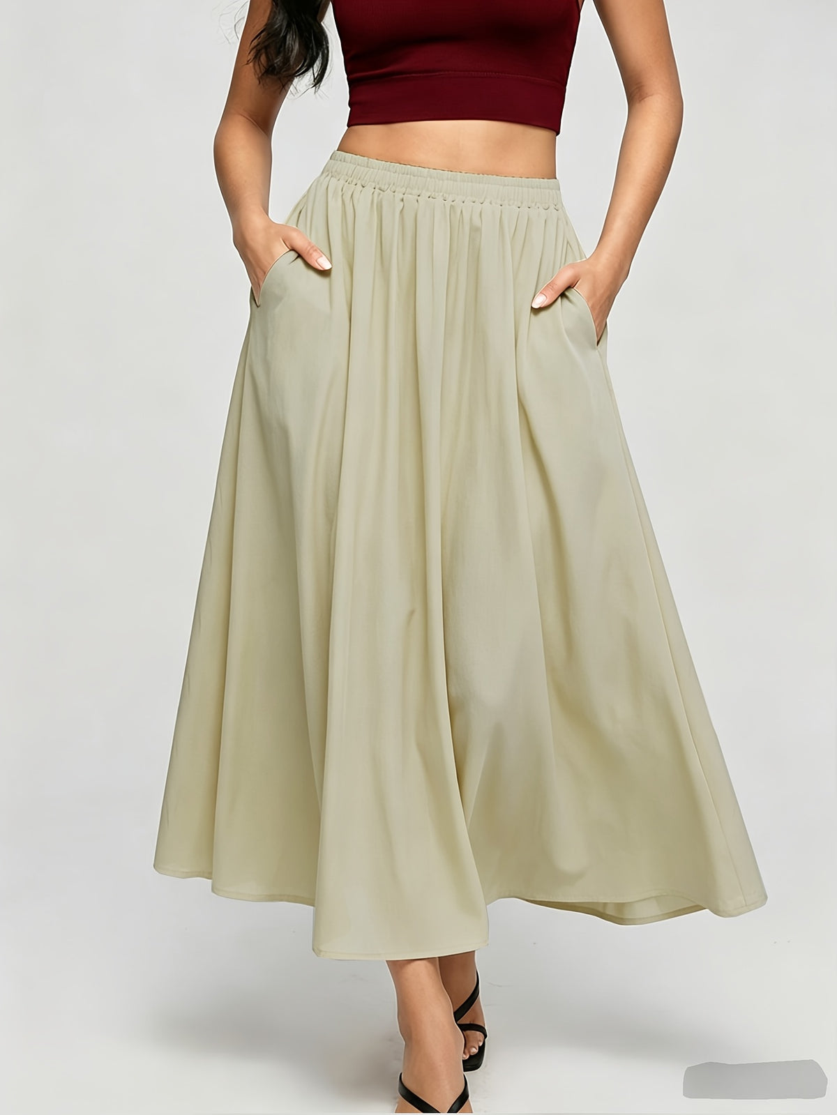Summer Solid Color Women's Casual Sports Short Skirt, Simple Basic Style Skirt - Khaki