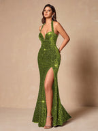 Ladies' Elegant and Dress with Sparkling Sequins Dress, Suitable for Holiday Dates, Fashionable Parties, Dinner Parties - Lingshan Exclusive L10033 - Green