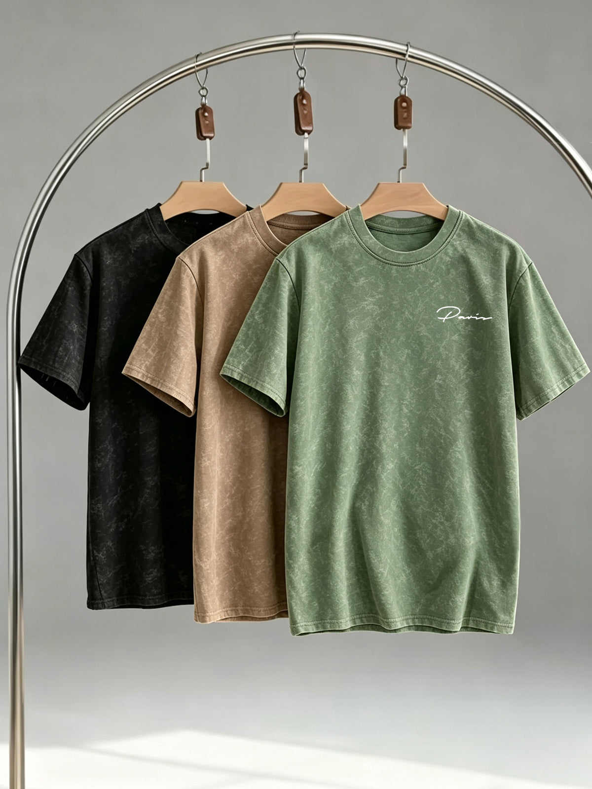 High Street Distressed Short Sleeve Three-pc Crew Neck T-Shirts for Men, Slim Fit, Casual, for Layering or Wearing Outdoors, Basic Tees - Green+Khaki+Black
