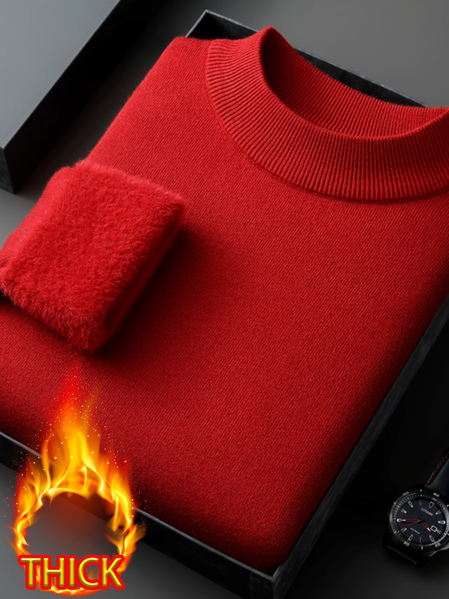 Men's Half-Turtleneck -Lined Thickened Warm Sweater, Featuring a Classic Half-turtleneck Design That Fits Snugly Around the Neck for Wind Protection and Warmth. Solid Color, Simple and Versatile, Suitable for Both Commuting and Daily Wear - China Red