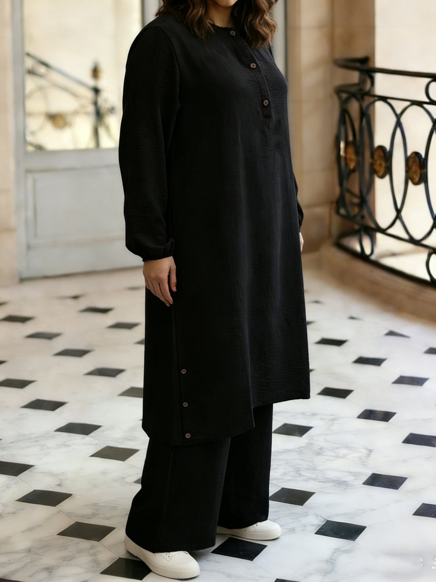 Eid Elegant Muslim 2pcs Jilbab/Abayas Set | Wooden Button Abaya with Wide-Leg PantsDaily Modest Wear - Black