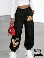 New Arrival - Women'S Long Pants (Single Piece), Cute And Fun Pattern Letter Print Cargo Pants, Multi-Pocket Design, Bear Cartoon Pattern, Cargo Style, Fashionable for Ages 18-25, Machine Washable, Durable Fabric - Perfect for Spring Summer - Black