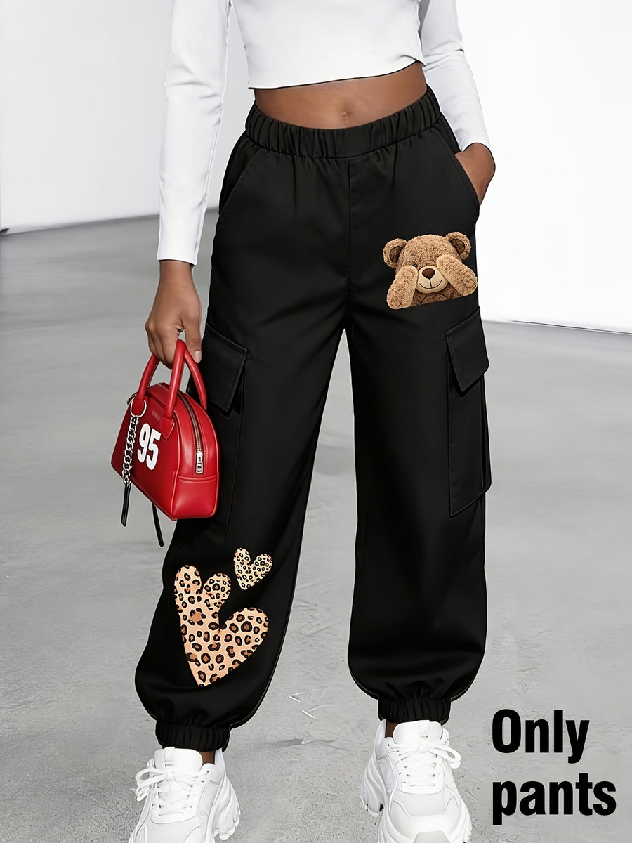 New Arrival - Women'S Long Pants (Single Piece), Cute And Fun Pattern Letter Print Cargo Pants, Multi-Pocket Design, Bear Cartoon Pattern, Cargo Style, Fashionable for Ages 18-25, Machine Washable, Durable Fabric - Perfect for Spring Summer - Black