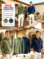2pcs Autumn Linen Men's Long-Sleeve Polo Shirt, American-Style Loose Fit, Lightly Mature Style, Heavyweight T-Shirt for Daily Commuting, Spring, Autumn, and All Seasons - Army Green+Navy Blue