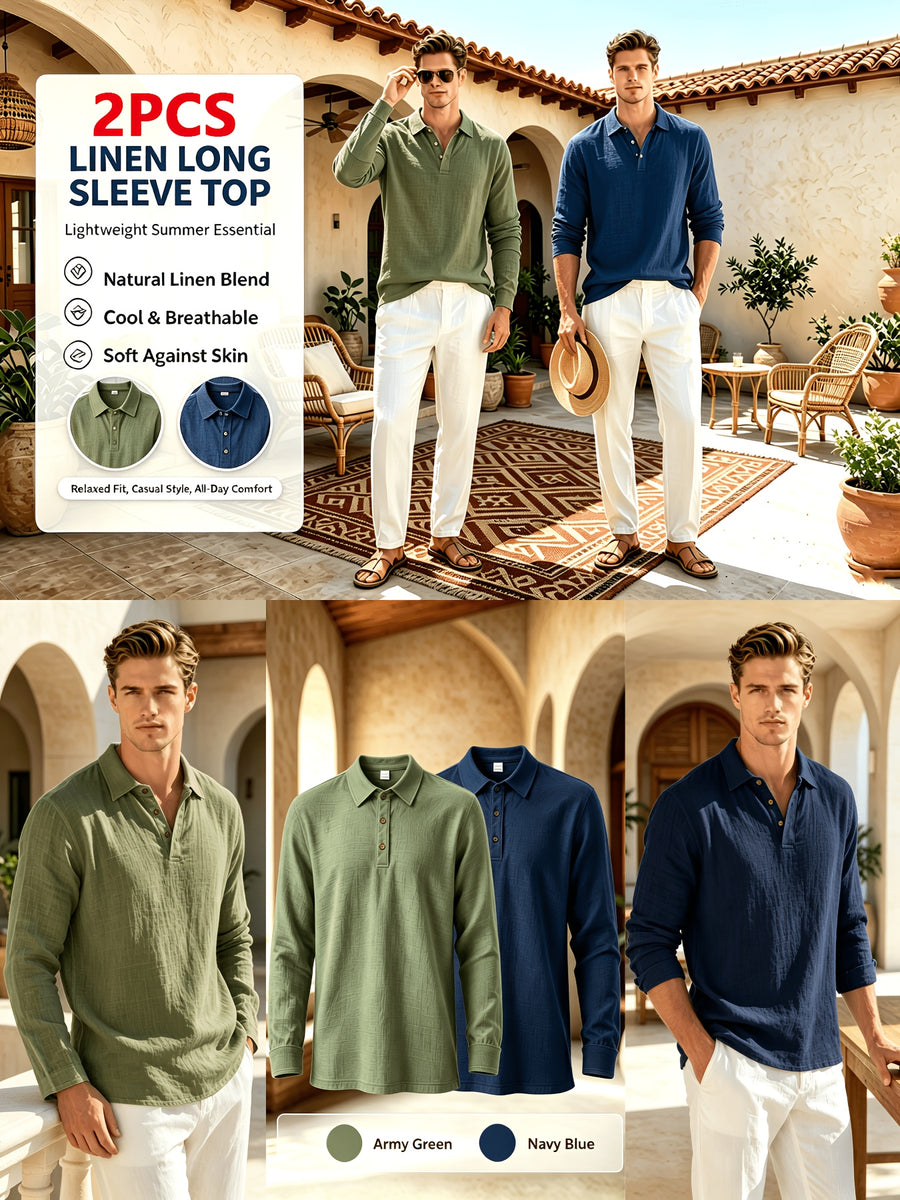 2pcs Autumn Linen Men's Long-Sleeve Polo Shirt, American-Style Loose Fit, Lightly Mature Style, Heavyweight T-Shirt for Daily Commuting, Spring, Autumn, and All Seasons - Army Green+Navy Blue