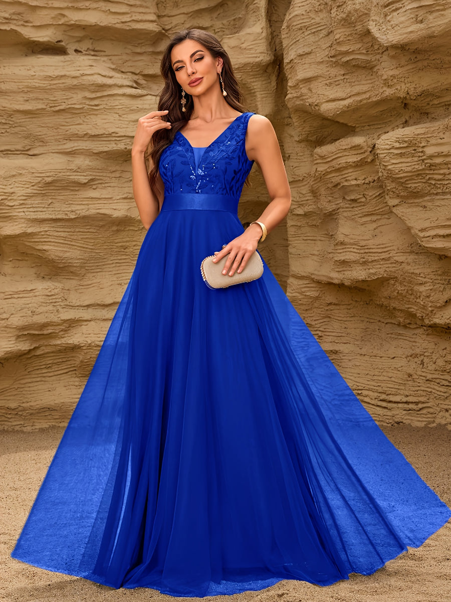 Fashionable Sexy New Women'S Sequin Mesh Patchwork A-Line Party Dress - Royal Blue