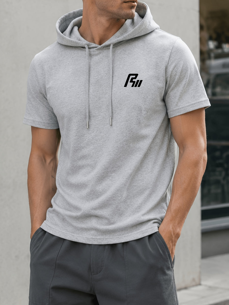 Men'S Summer T-Shirt, Easy Small Logo Print Men'S Hooded Short Sleeve, Soft Comfortable Breathable Versatile Fabric Sports T-Shirt, Loose Slimming Men'S Hoodie Easy Print Top - Grey