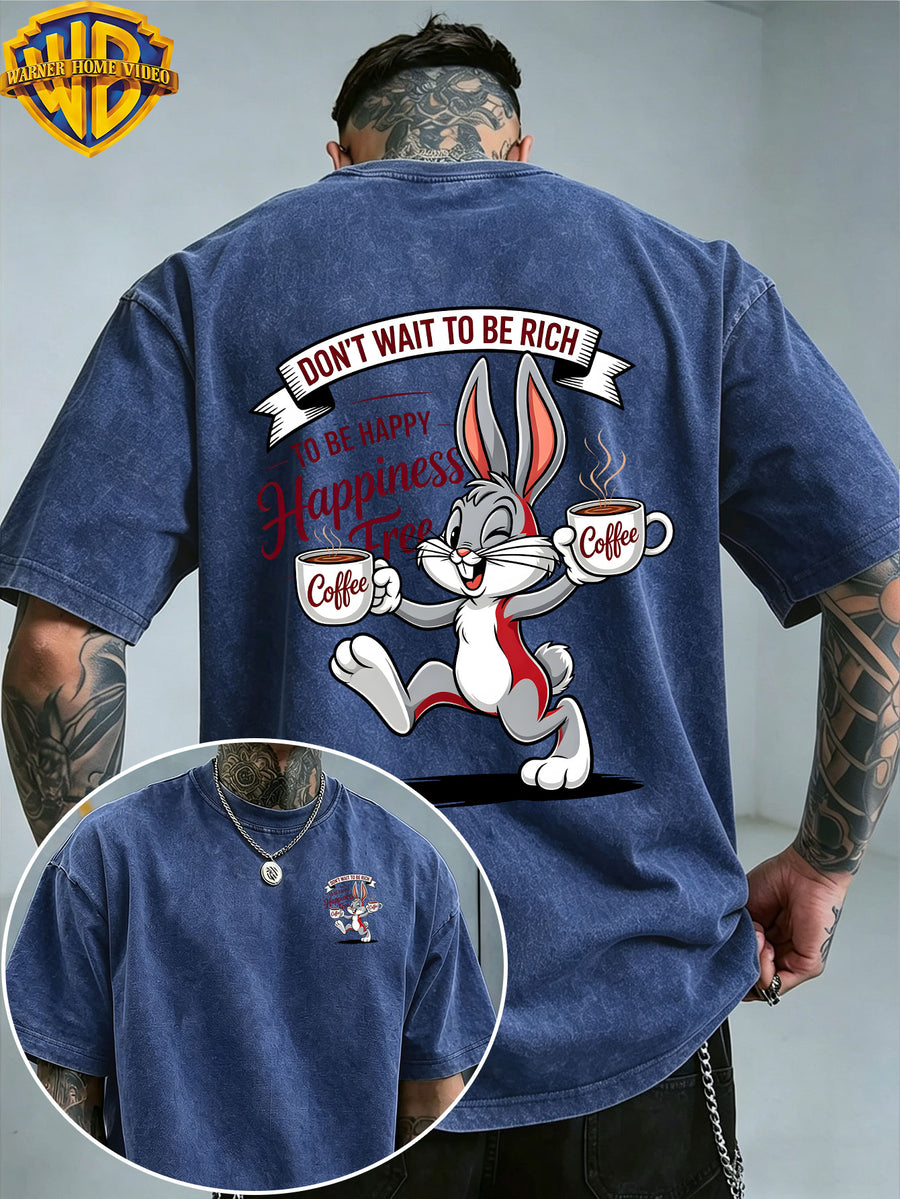 Warner Bros. Officially Authorizes Joyful Cartoon Rabbit Handheld Two Cups of Coffee Printed Retro Washed Outdated Short Sleeve T-Shirt for Men And Women, Machine Washable Daily Commuter Outdoor Sports And Leisure Top - Royal Blue