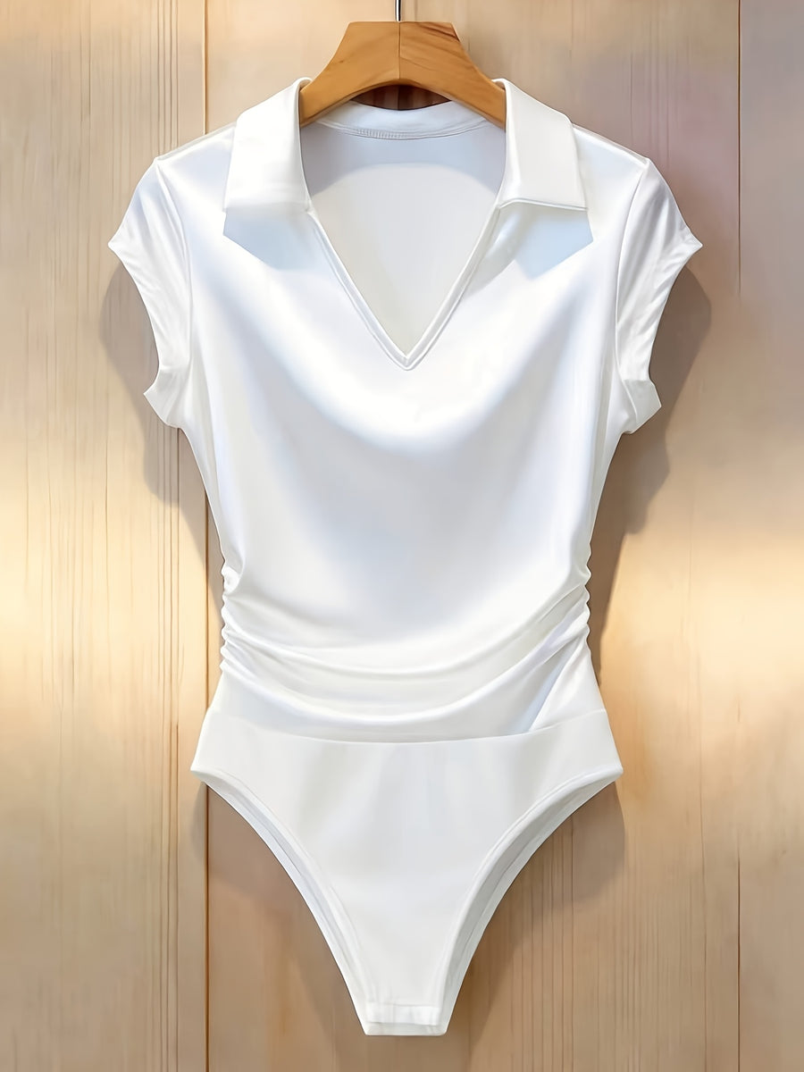 Elegant Lapel V-Neck Pleated Short-Sleeve Bodysuit, Slim-Fit Stretch Commuter Hot Jumpsuit Top - White