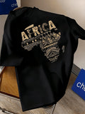 Men'S Heavyweight High Street American Retro AFRICA African Totem Design Short Sleeve Tee, Summer Relaxed Casual Versatile Shirt - Black