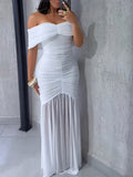 Off-The-Shoulder Pleated Waist See-Through Party Dress - White