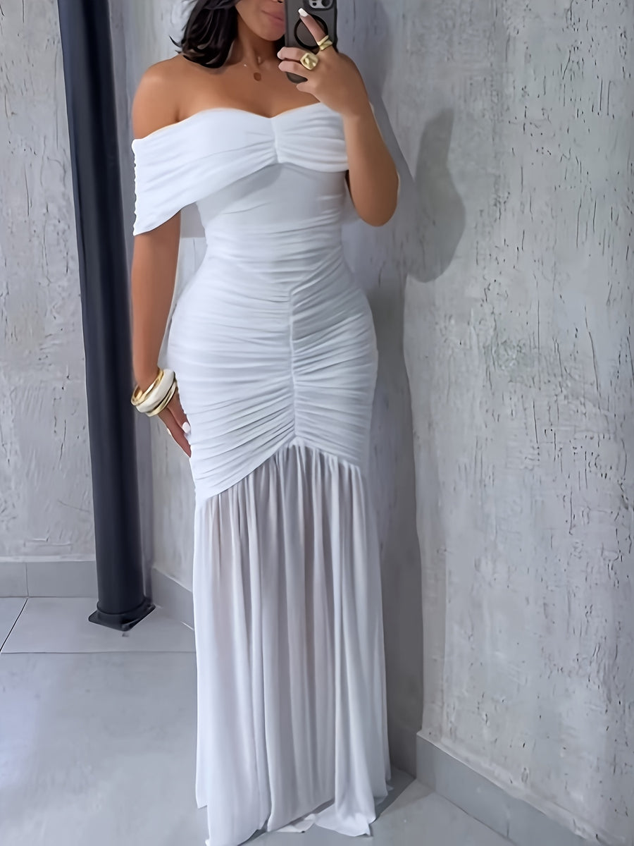 Off-The-Shoulder Pleated Waist See-Through Party Dress - White
