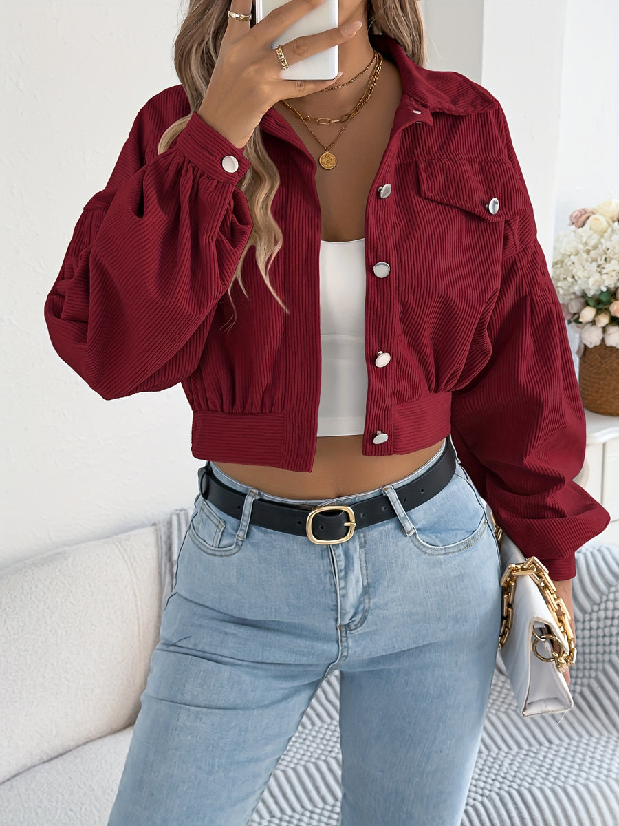 Spring Autumn Casual Vacation Solid Color Single Breasted Lantern Long Sleeve Corduroy Short Coat Women'S Jacket - Burgundy