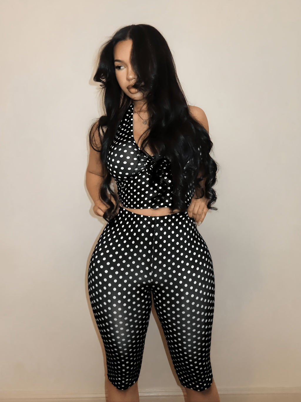 Fashionable Women's Sexy Black and White Polka Dot Halter Neck Set - Mixed colors