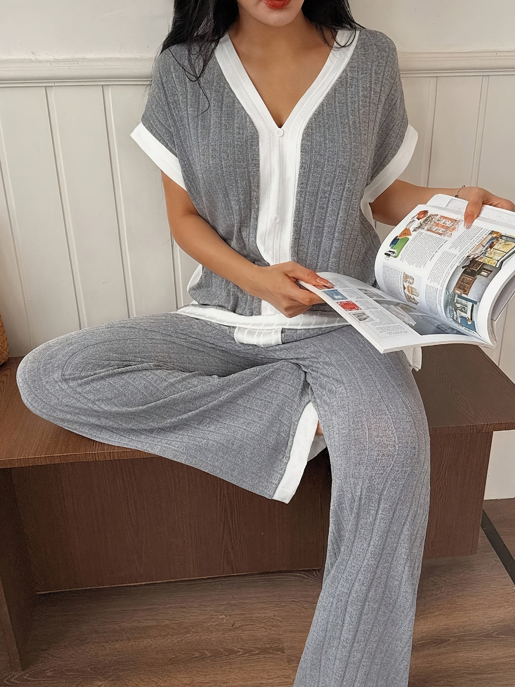 Women's Casual Color Block V-Neck Short Sleeve Top and Loose Pants Set, Elegant Spring/Summer Outfit, All-Season Loungewear - Grey