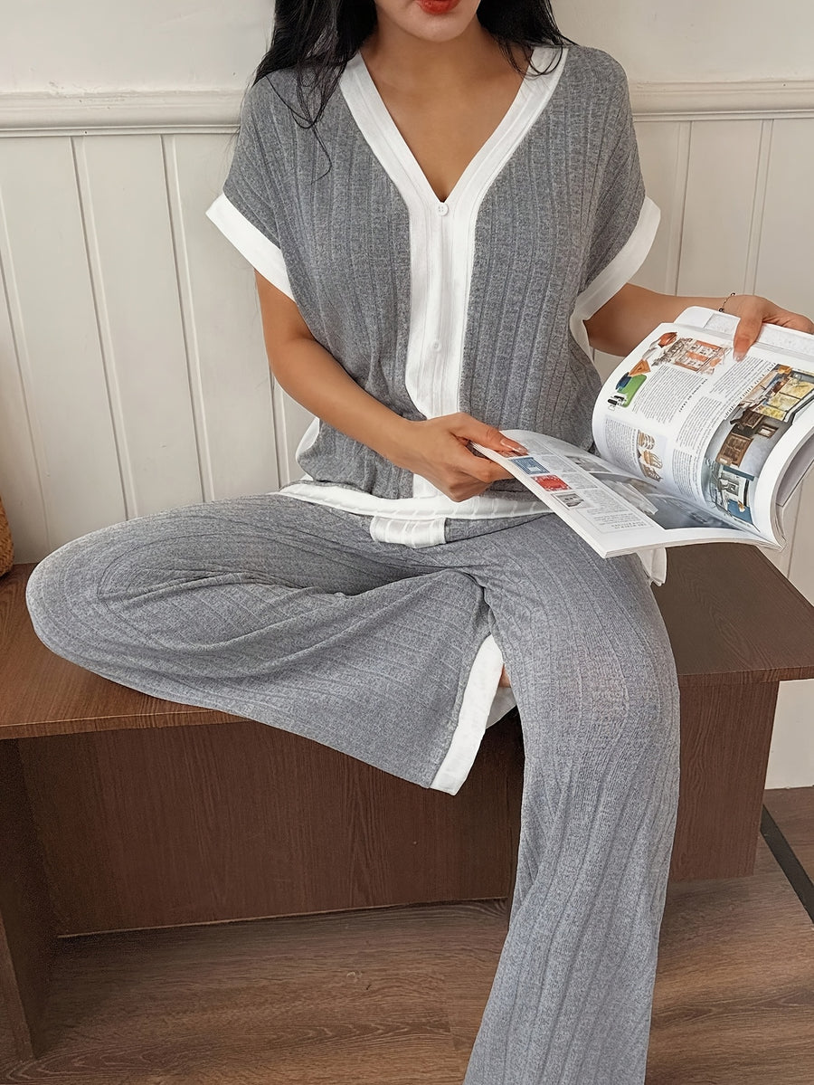 Women's Casual Color Block V-Neck Short Sleeve Top and Loose Pants Set, Elegant Spring/Summer Outfit, All-Season Loungewear - Grey