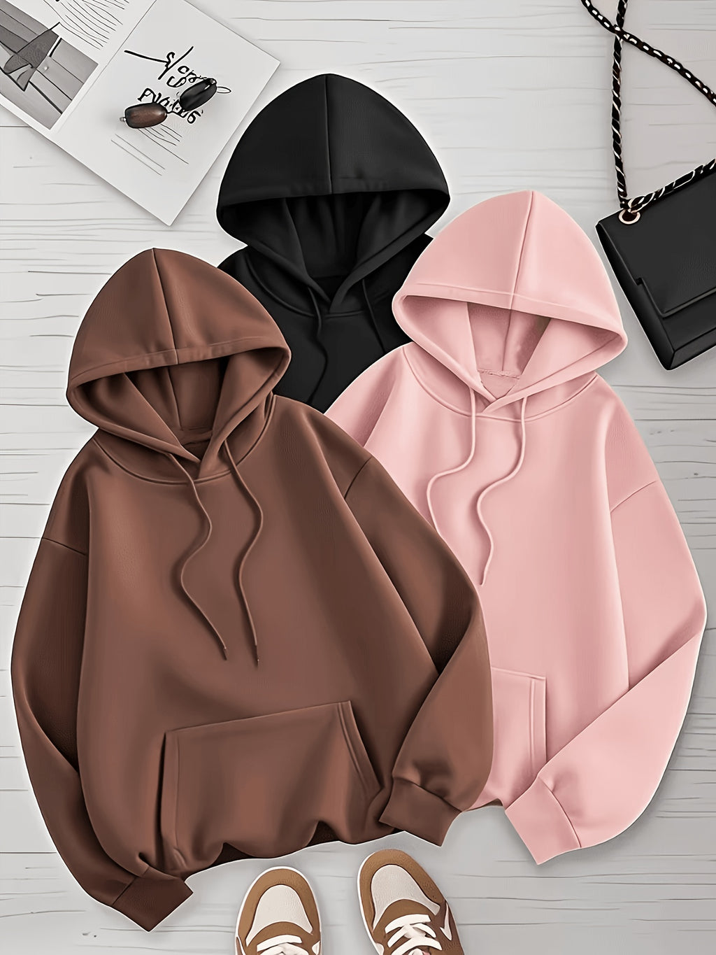 Plus Size, Plus Size Women's 3pcs Solid Color Set with Hooded Sweatshirt, Kangaroo Pocket, and Drawstring Hood - Black+Pink+Brown