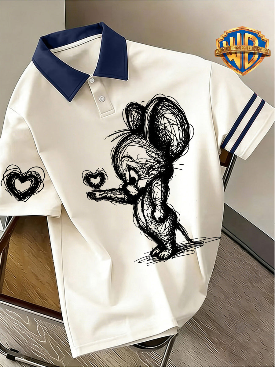 Back-to-School Warner Bros. Official "Bixin" Cartoon Cute Print Men's Summer Loose Lapel Japanese-Style Polo Short-Sleeve T-Shirt, Comfortable, Breathable, and Slightly Stretchy - Royal Blue