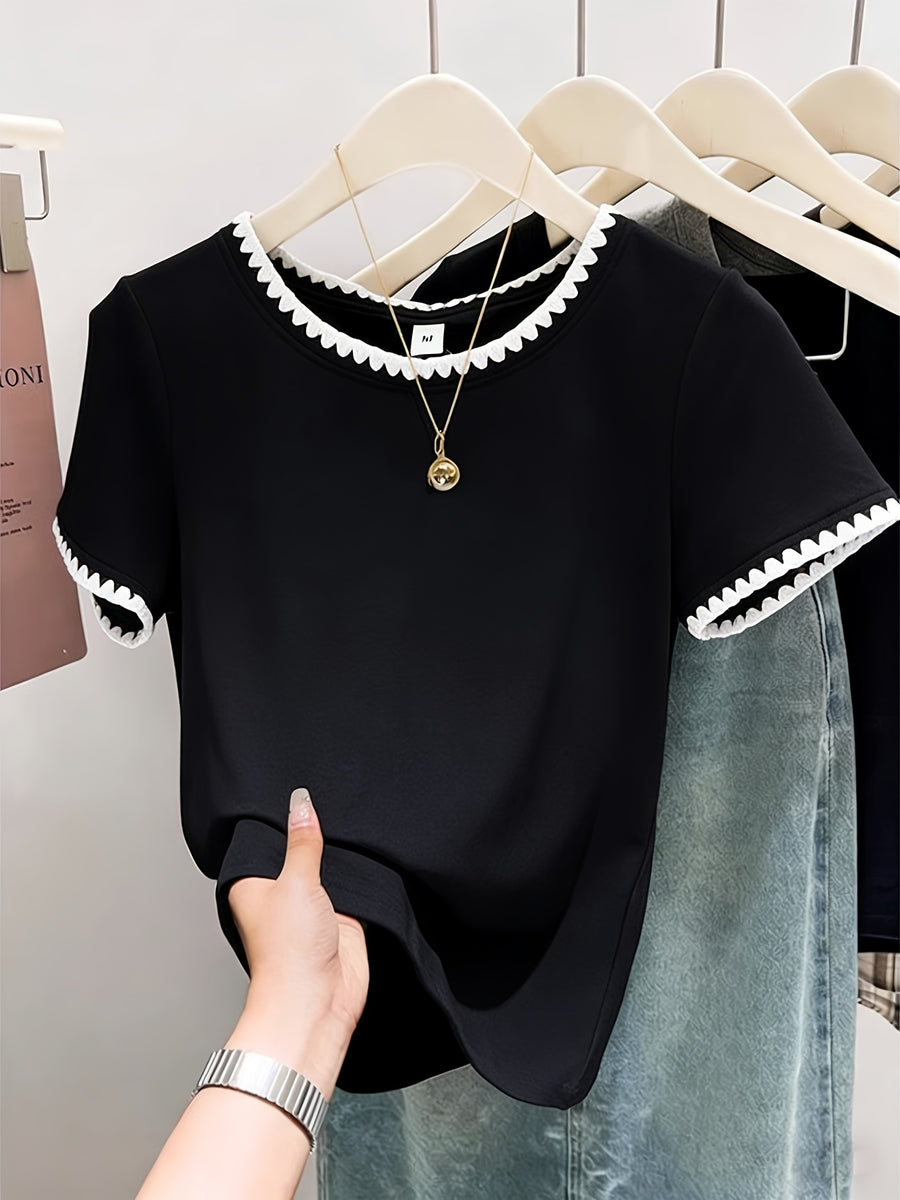 Women'S Summer Clothing New Unique Exquisite Embroidery Lace Short Sleeve T-Shirt Elegant Fashion Contrast Color Short Sleeve Retro Design Niche Top - Black