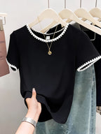 Women'S Summer Clothing New Unique Exquisite Embroidery Lace Short Sleeve T-Shirt Elegant Fashion Contrast Color Short Sleeve Retro Design Niche Top - Black