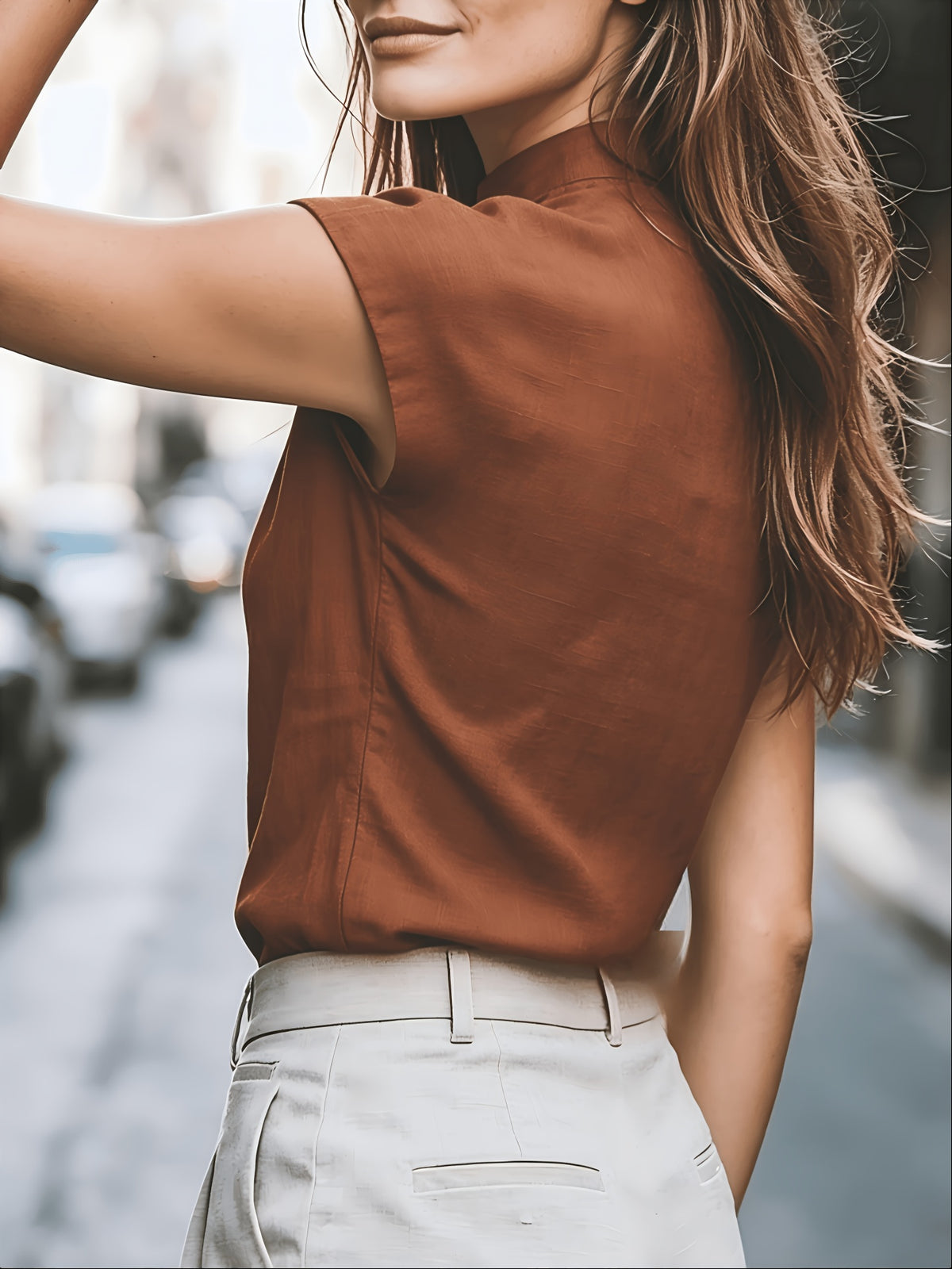 Stand-Up Collar Sleeveless Shirt Women'S Summer Commute V-Neck Top Temperament Office Blouse Women'S Summer Clothing - Rust
