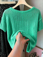 Women's Hollow Out Short Sleeve Blouse Sweater - Semi-Sheer Crochet Round Neck Lightweight Summer Top, Breathable Loose Pullover Blouse Suitable for Daily Wear & Vacation, Machine Washable Solid Color Crochet Knitwear - Green