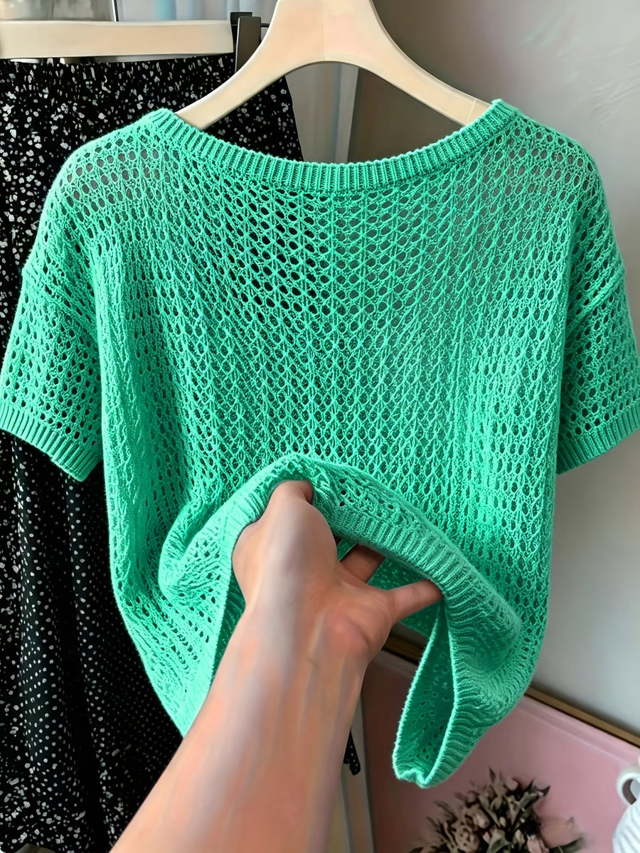 Women's Hollow Out Short Sleeve Blouse Sweater - Semi-Sheer Crochet Round Neck Lightweight Summer Top, Breathable Loose Pullover Blouse Suitable for Daily Wear & Vacation, Machine Washable Solid Color Crochet Knitwear - Green