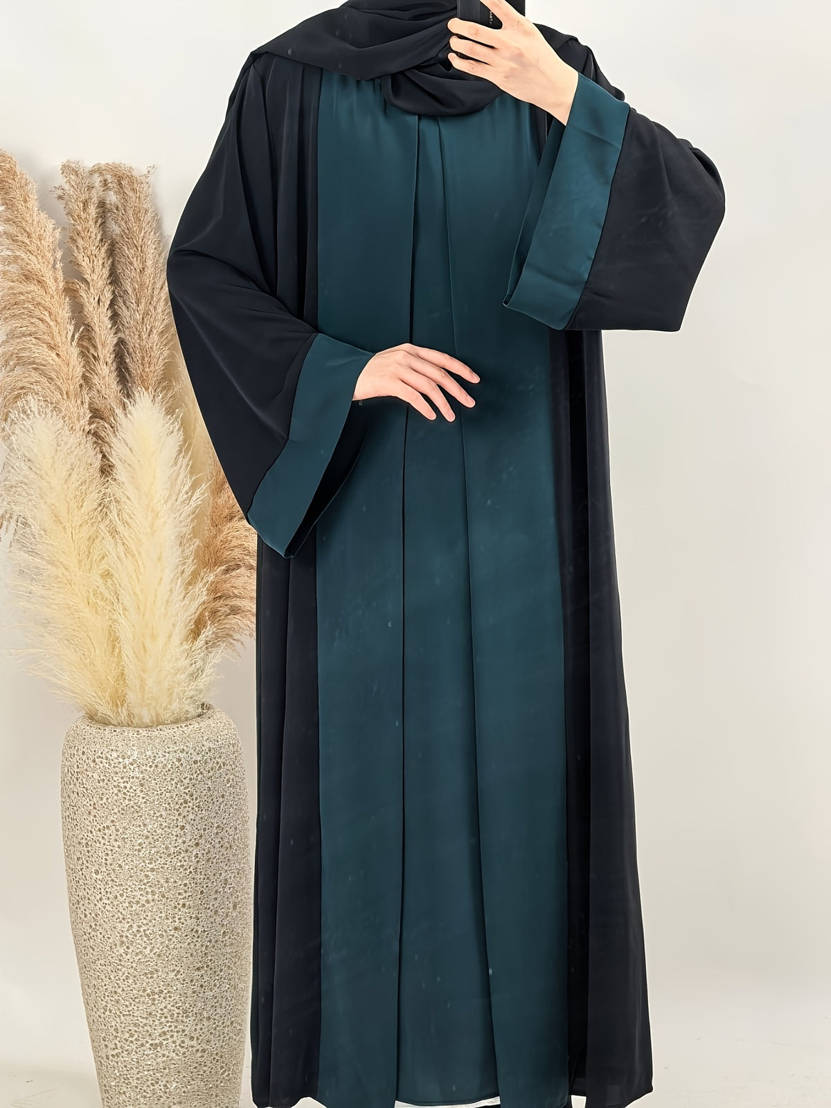 1pc Elegant Muslim Dress with Niche Minimalist Color-Block Design, Fluid and Solid-Paneled, Loose and Unrestrictive, Breathable and Non-Stuffy, Suitable for All Seasons - Dark Green