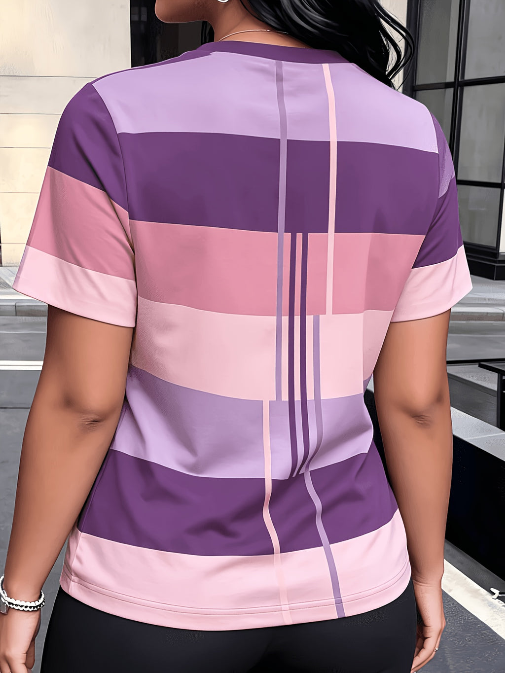 Women'S Summer Fashion Round Neck T-Shirt with Textured Geometric Short Sleeves, Color Block, Line Pattern, Vintage Style Casual Top - Mixed Color 3
