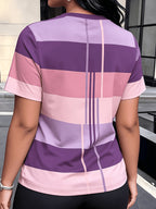 Women'S Summer Fashion Round Neck T-Shirt with Textured Geometric Short Sleeves, Color Block, Line Pattern, Vintage Style Casual Top - Mixed Color 3