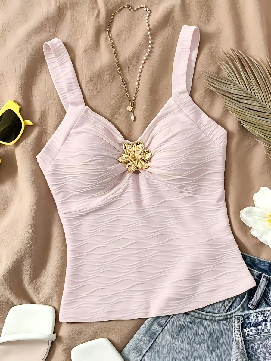Women'S Pure Innocent Style Wavy Texture Cami Top, Summer New Metallic Floral V-Neck Slim Short Inner Top - Light Pink Color