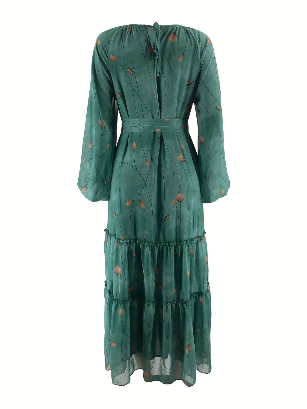 Women's Middle Eastern Muslim Chiffon Print Dress - Dark Cyan