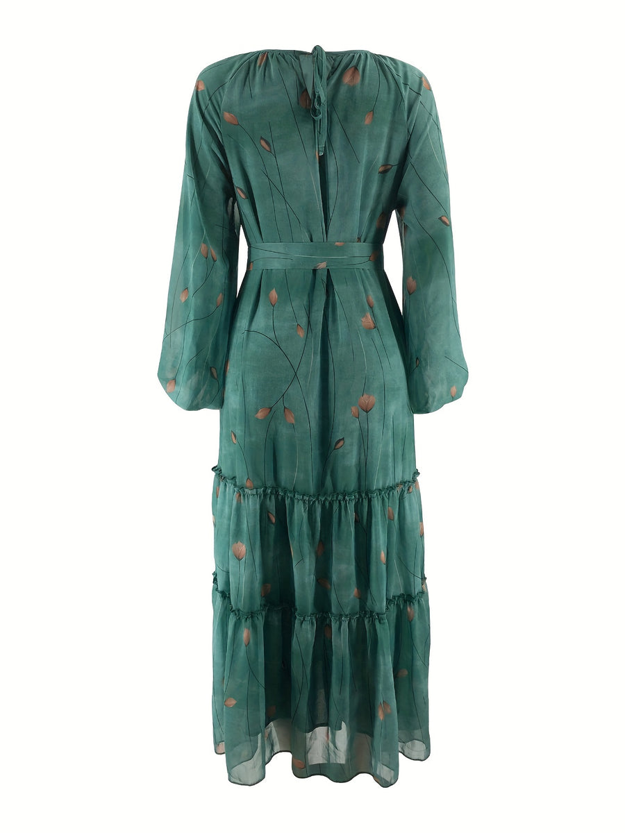 Women's Middle Eastern Muslim Chiffon Print Dress - Dark Cyan