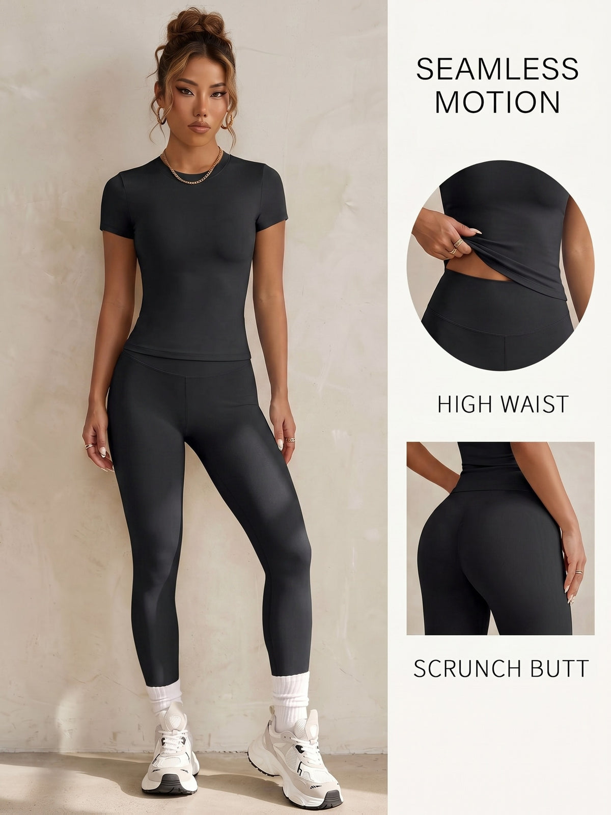 Round Neck Short Sleeve High-Waist Butt-Lifting Pants Set, Stretchy Nude-Feel Skin-Friendly 2pcs Set, Quick-Drying Breathable Wear, Tummy Control Peach Butt Training Outfit, Versatile Wearable Outer Casual Swear. 4-Way Stretch with Zero Restriction - Black
