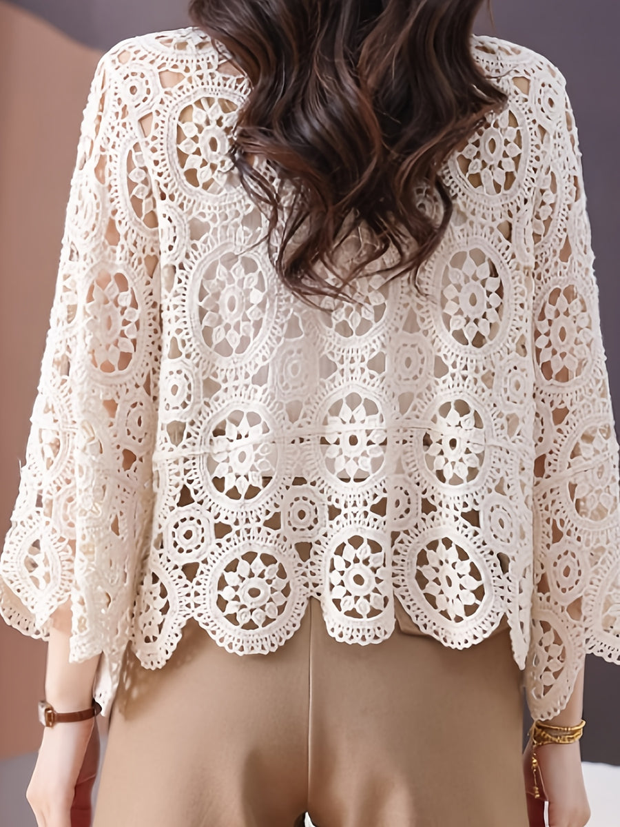 Vintage Crochet Hollow Out Tie 3/4 Sleeve Cardigan for Women, Loose Outerwear for Spring Summer Autumn, Elegant Versatile Cover Up - Apricot