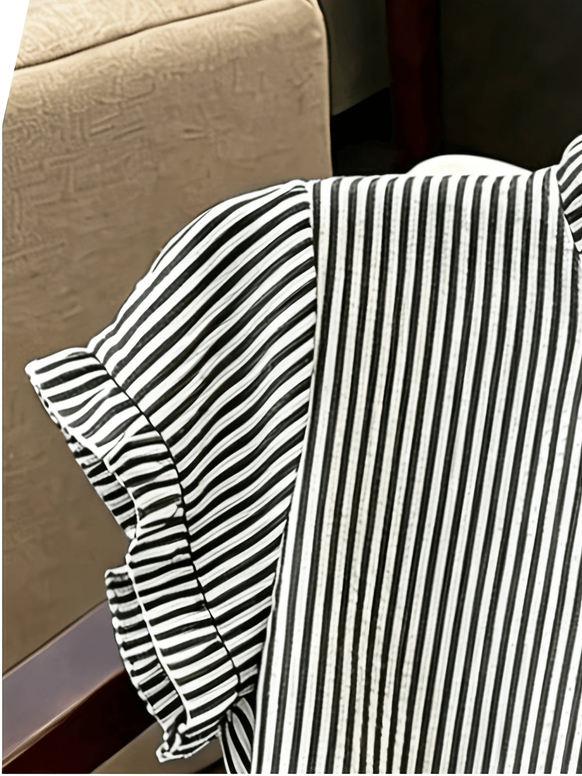 Women's Ruffle Collar Short Sleeve Single-Breasted Striped Shirt, Summer - Black