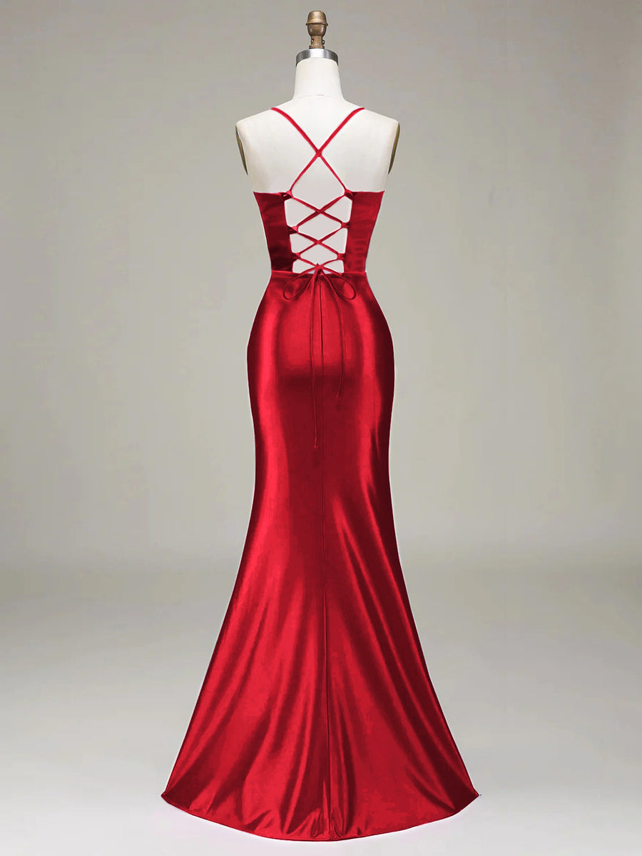 Women's Solid Color Satin Slip Dress with High Slit, Back Tie Waist, Cinched Fit, Pleated Details, and Hip-Hugging Design, Elegant for New Year's, Valentine's Day, Parties, Graduations, Weddings, and Bridesmaid Attire - Red