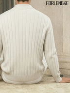 FORLENGKE New Stylish Men's Business Casual Stand Collar Cable Knit Zip Up Cardigan, Soft Warm Long Sleeve Knit Jacket for Fall Winter Office Daily Wear - Ivory White