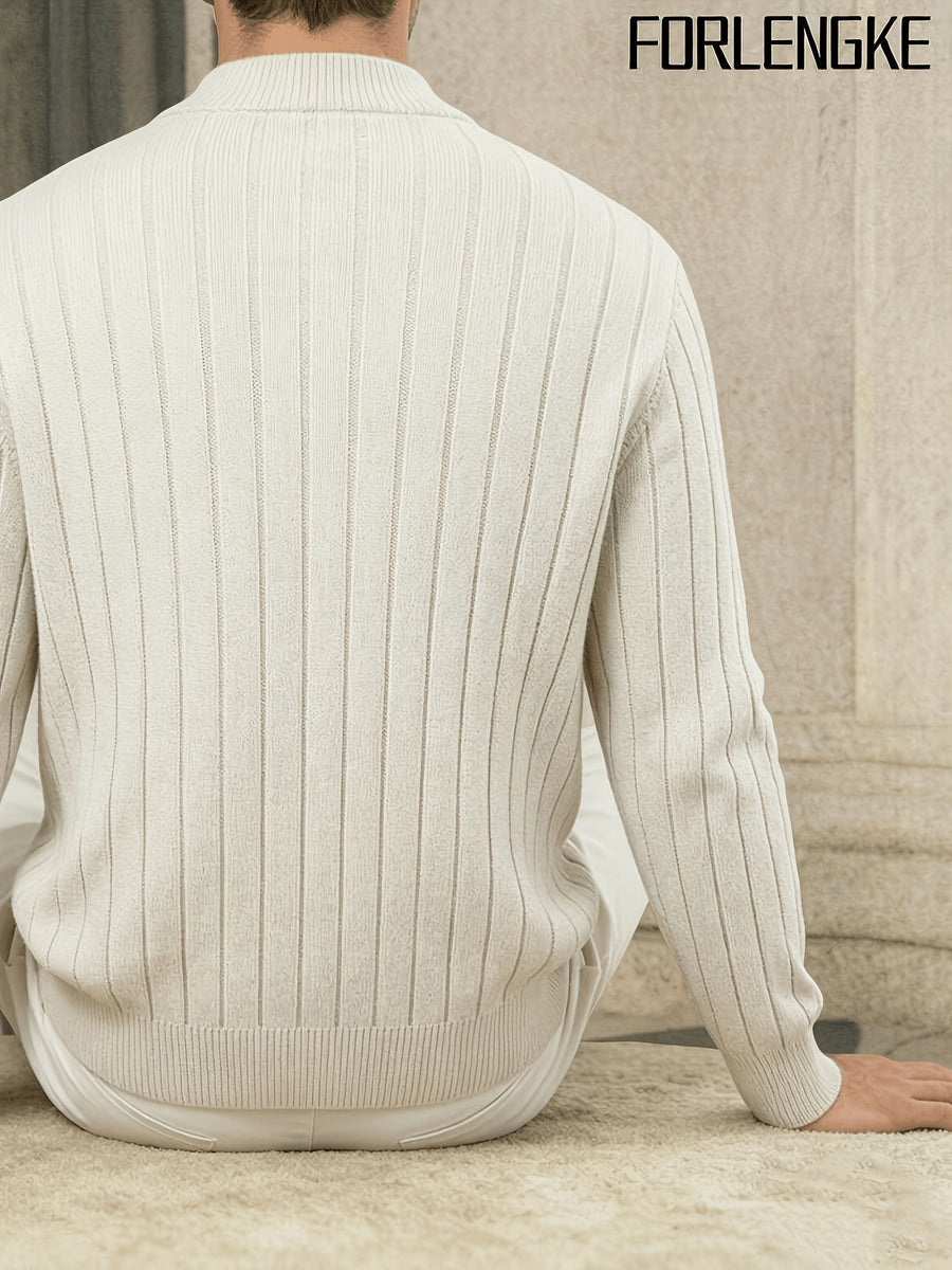 FORLENGKE New Stylish Men's Business Casual Stand Collar Cable Knit Zip Up Cardigan, Soft Warm Long Sleeve Knit Jacket for Fall Winter Office Daily Wear - Ivory White