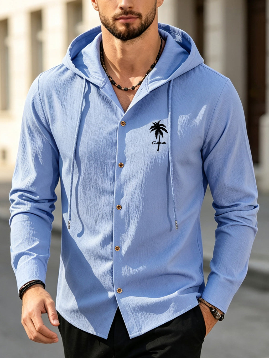 Men's Coconut Tree Print Hooded Long-Sleeve Shirt, Slightly Wrinkled Textured Casual Button-Up Cardigan, Summer Lightweight Breathable Vacation Top, Hawaiian Beach Jacket, Shirt Style + Hood with Drawstring, Suitable for Beach Trips, City Strolls - Sky Blue