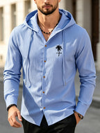 Men's Coconut Tree Print Hooded Long-Sleeve Shirt, Slightly Wrinkled Textured Casual Button-Up Cardigan, Summer Lightweight Breathable Vacation Top, Hawaiian Beach Jacket, Shirt Style + Hood with Drawstring, Suitable for Beach Trips, City Strolls - Sky Blue