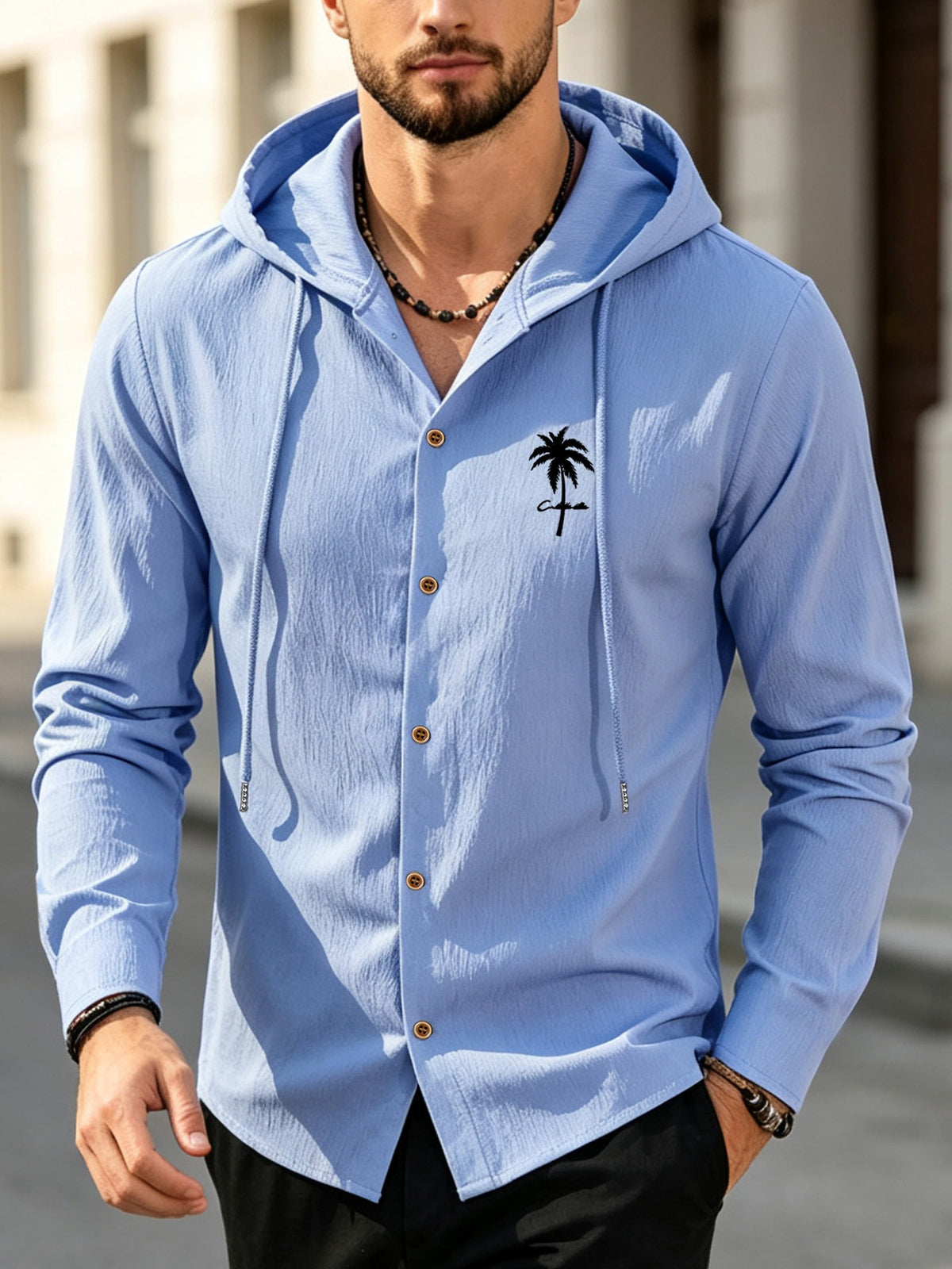Men's Coconut Tree Print Hooded Long-Sleeve Shirt, Slightly Wrinkled Textured Casual Button-Up Cardigan, Summer Lightweight Breathable Vacation Top, Hawaiian Beach Jacket, Shirt Style + Hood with Drawstring, Suitable for Beach Trips, City Strolls - Sky Blue